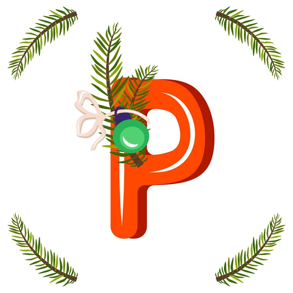 Red letter P with green Christmas tree branch, ball with bow. Festive font for Happy New Year and bright alphabet vector