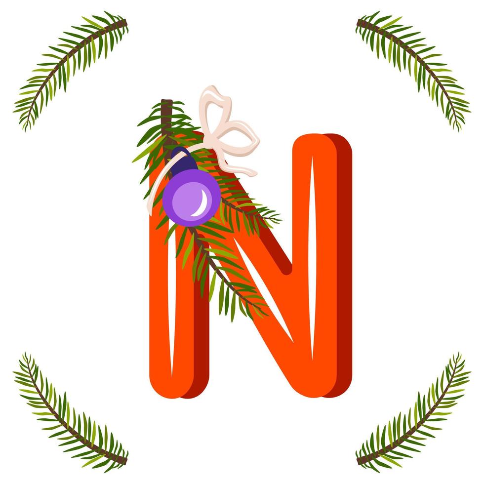 Red letter N with green Christmas tree branch, ball with bow. Festive font for Happy New Year and bright alphabet vector