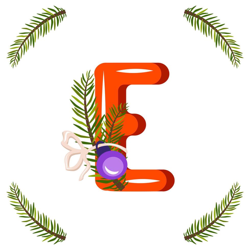 Red letter E with green Christmas tree branch, ball with bow. Festive font for Happy New Year and bright alphabet vector