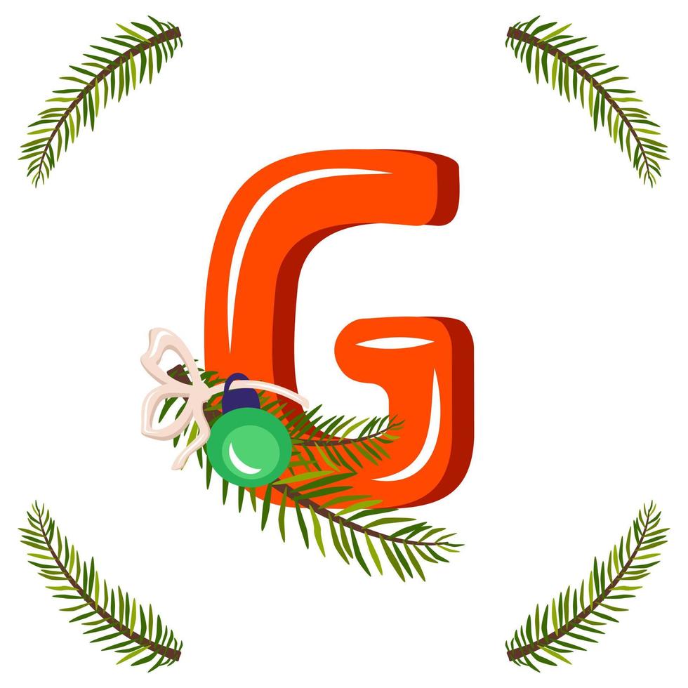 Red letter G with green Christmas tree branch, ball with bow. Festive font for Happy New Year and bright alphabet vector