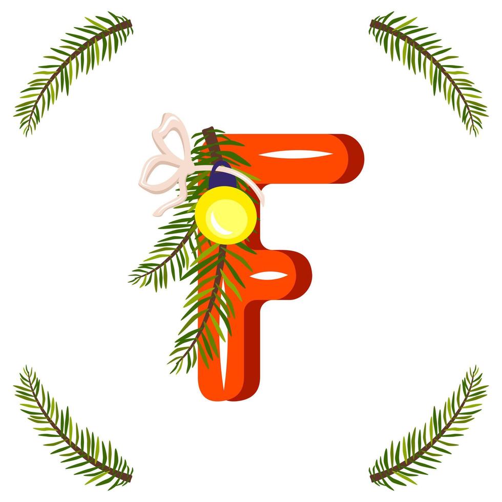 Red letter F with green Christmas tree branch, ball with bow. Festive font for Happy New Year and bright alphabet vector