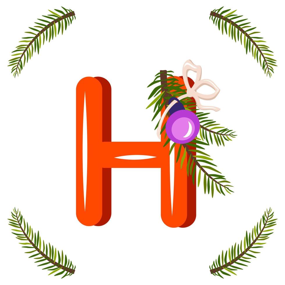 Red letter H with green Christmas tree branch, ball with bow. Festive font for Happy New Year and bright alphabet vector