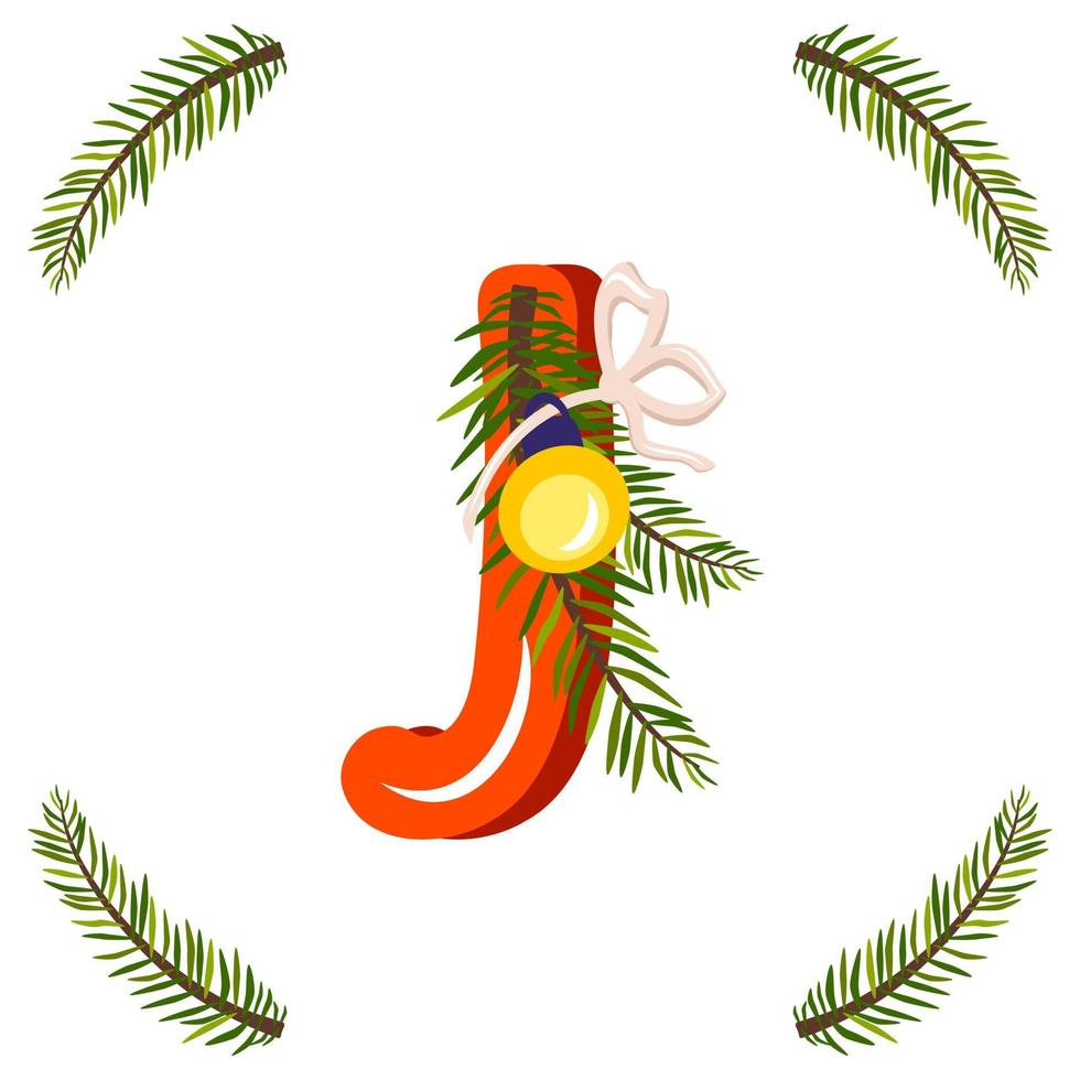 letra j roja con rama de árbol de navidad verde, bola con lazo. fuente festiva para feliz año nuevo y alfabeto brillante vector