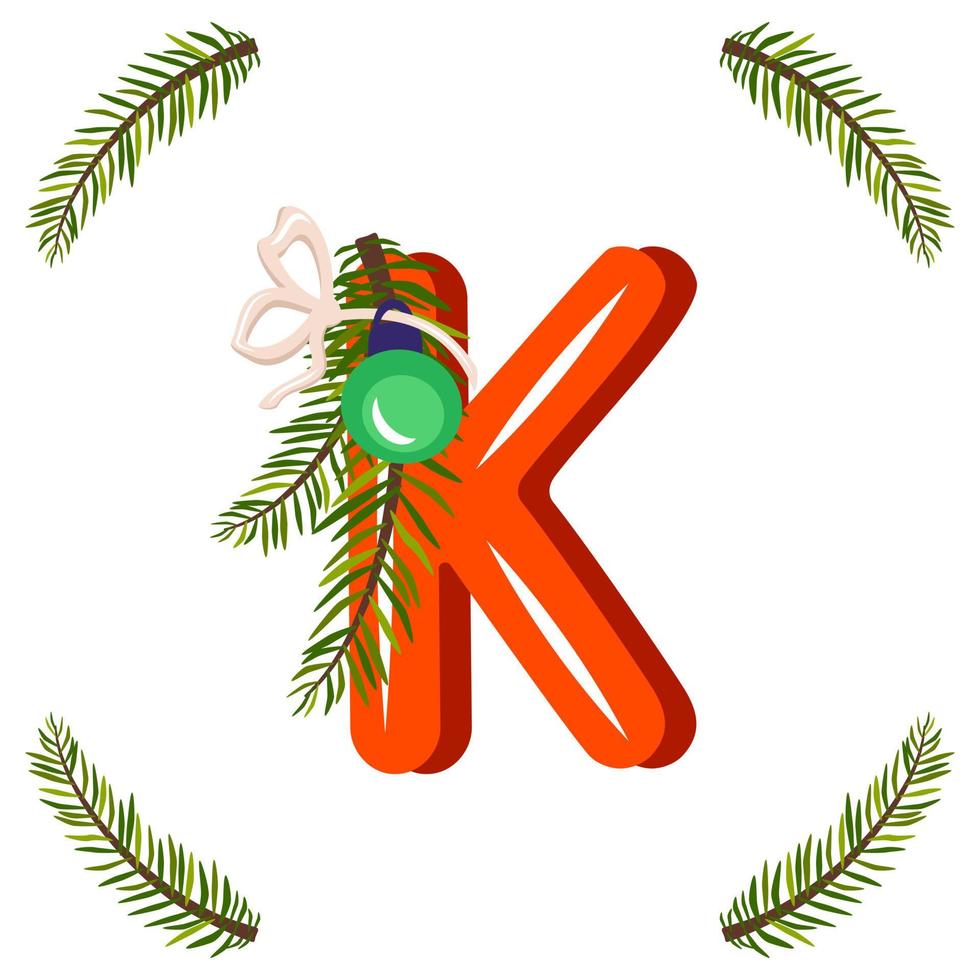 Red letter K with green Christmas tree branch, ball with bow. Festive font for Happy New Year and bright alphabet vector