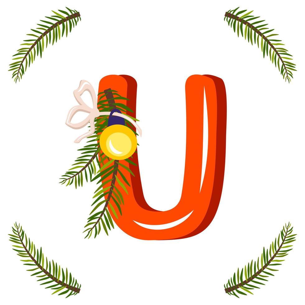 Red letter U with green Christmas tree branch, ball with bow. Festive font for Happy New Year and bright alphabet vector