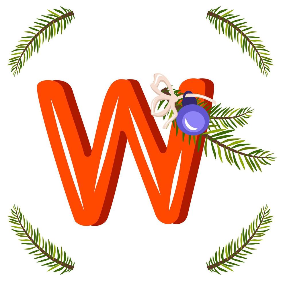 Red letter W with green Christmas tree branch, ball with bow. Festive font for Happy New Year and bright alphabet vector