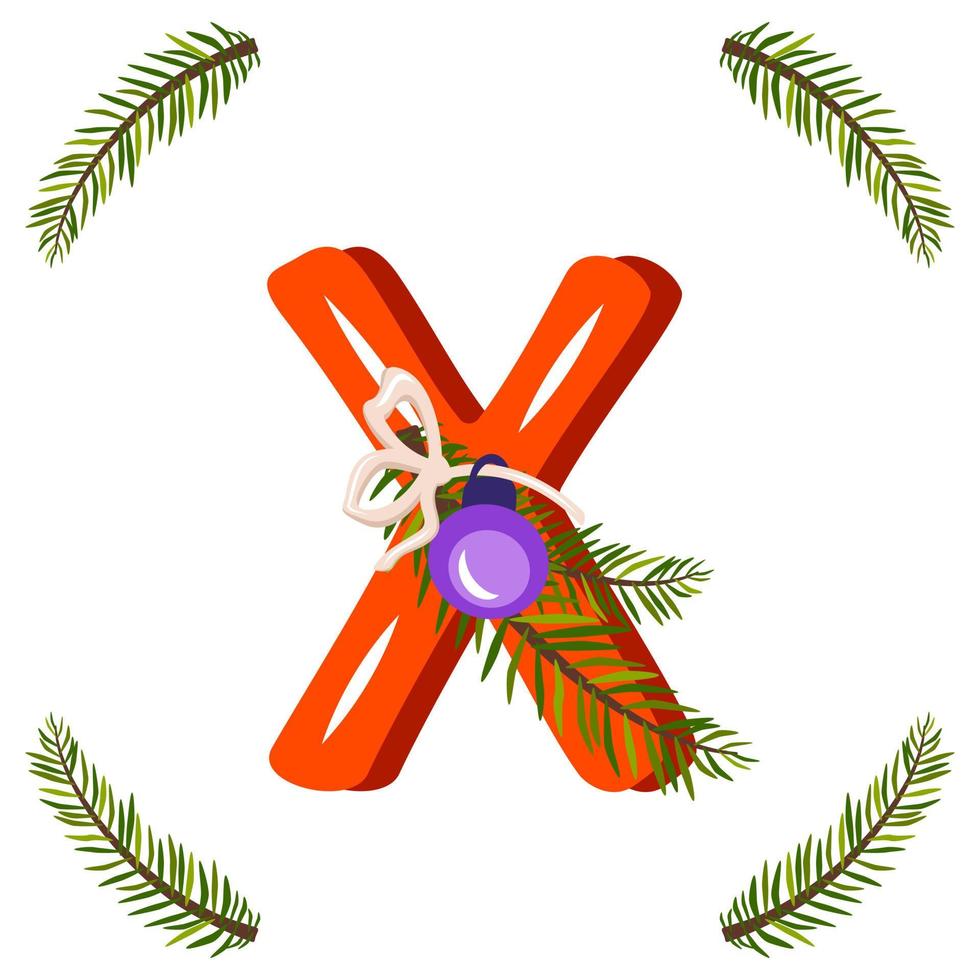 Red letter X with green Christmas tree branch, ball with bow. Festive font for Happy New Year and bright alphabet vector