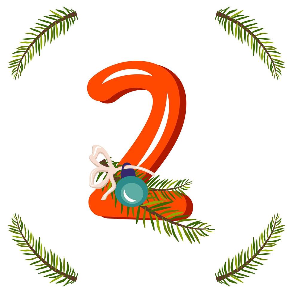 Red number two with green Christmas tree branch vector