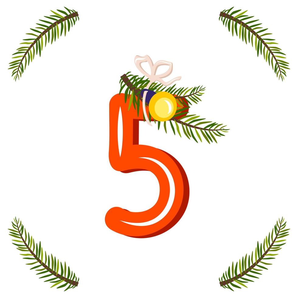 Red number five with green Christmas tree branch vector