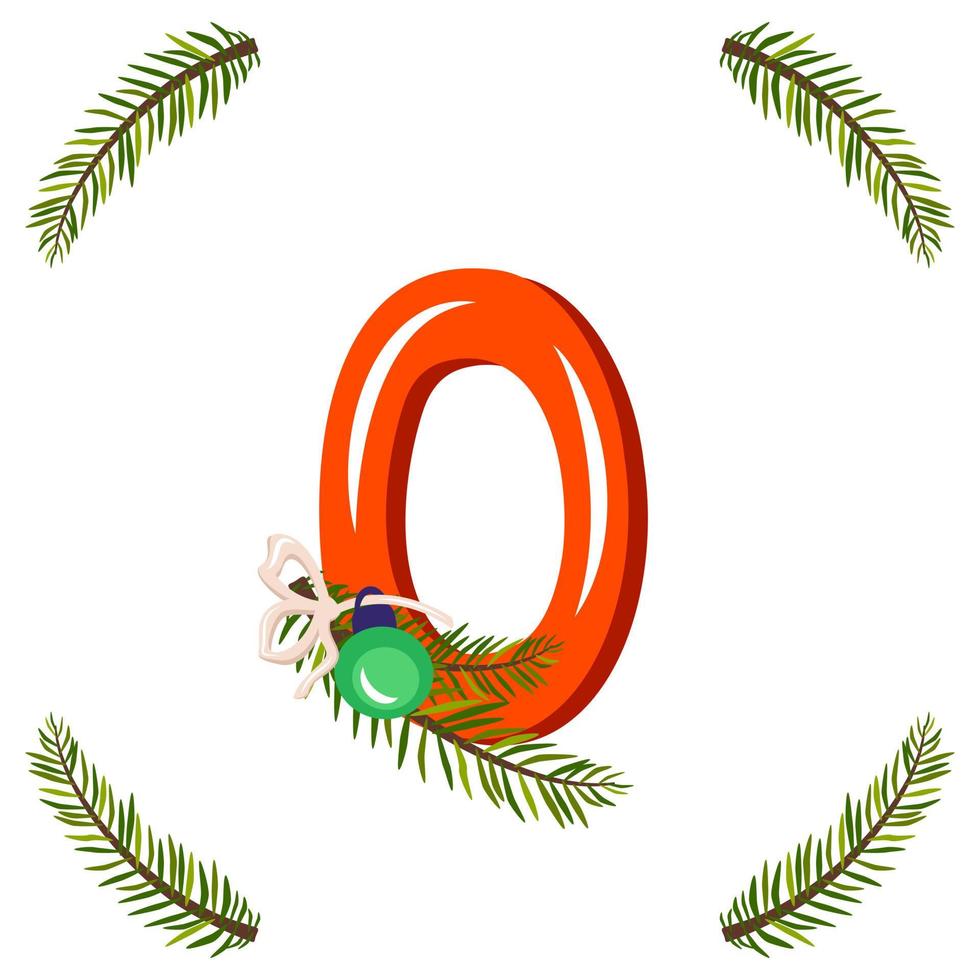 Red number zero with green Christmas tree branch vector