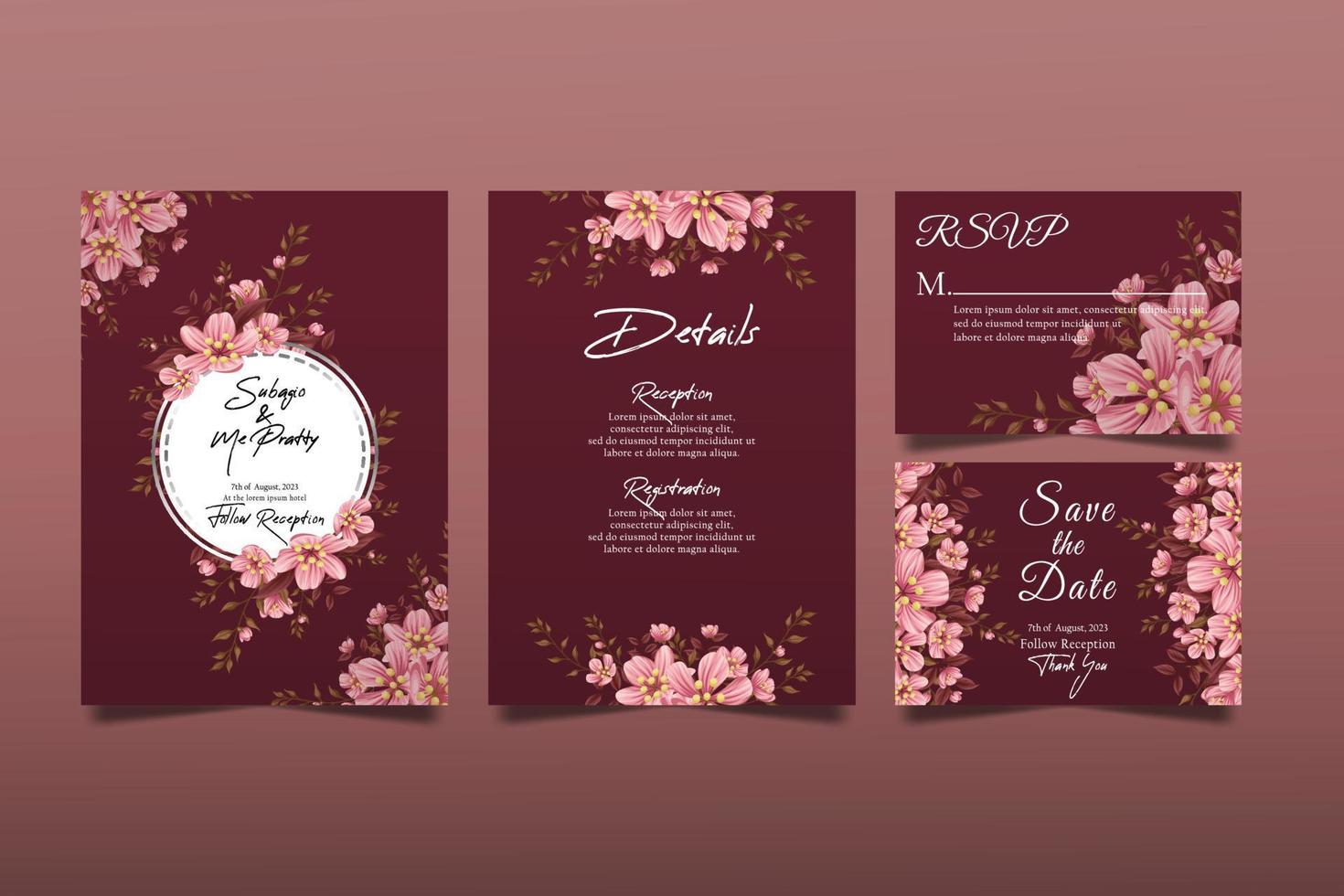 juego de tarjetas con flores de cerezo, hojas. concepto de boda. vector de tarjeta de boda decorativa o fondo de diseño de invitación