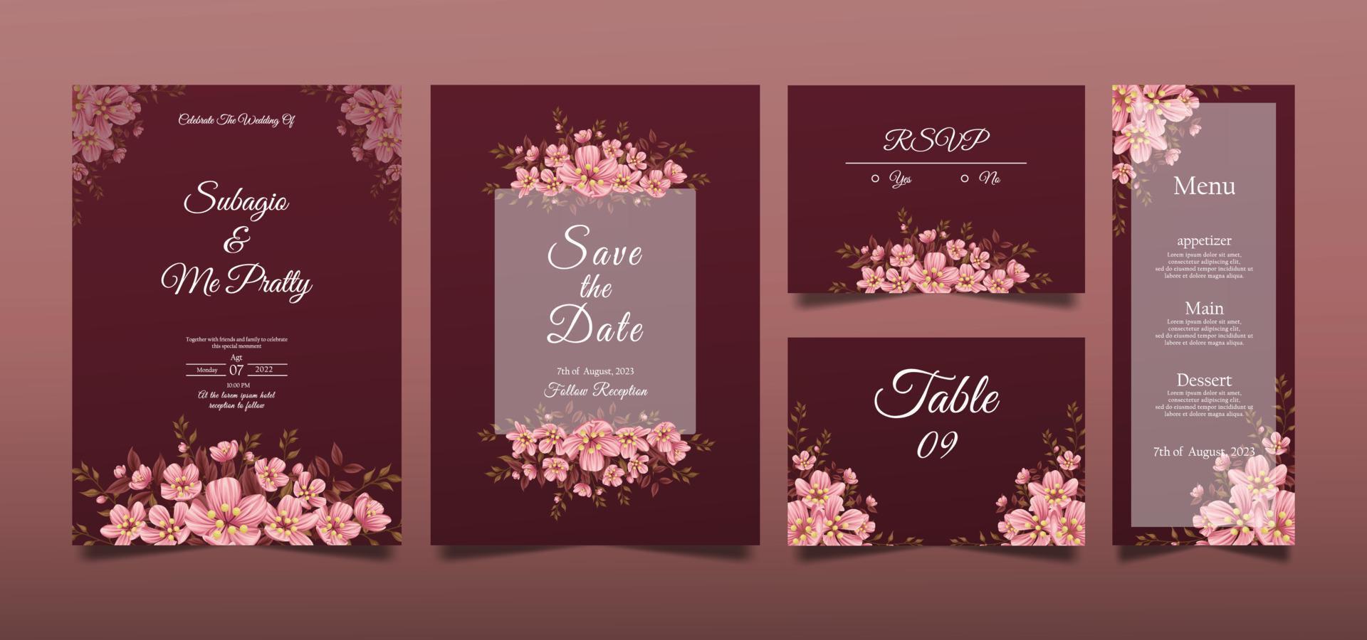 juego de tarjetas con flores de cerezo, hojas. concepto de boda. vector de tarjeta de boda decorativa o fondo de diseño de invitación