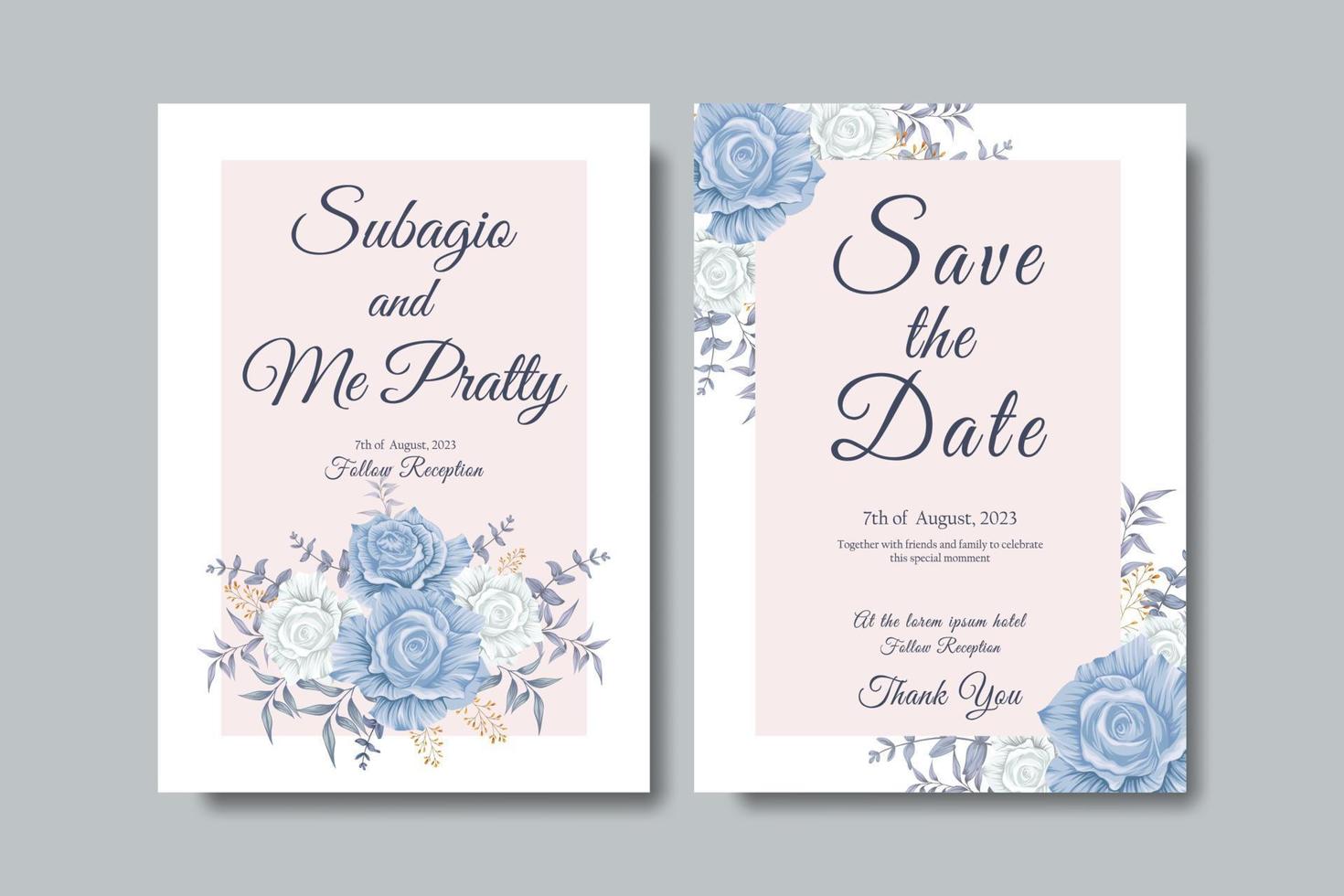 beautiful blue rose flower design wedding invitation vector
