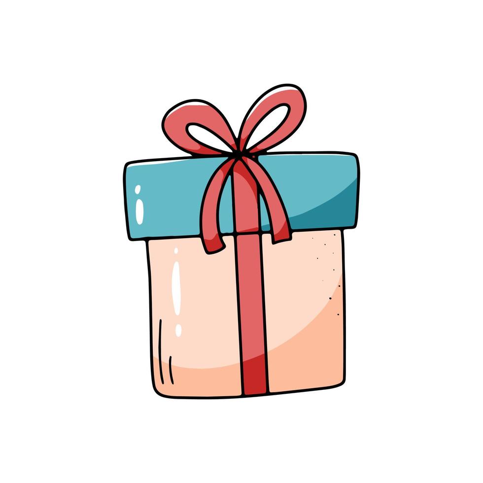 Gift box with a bow tied with a ribbon isolated on a white background. Vector illustration, doodle icon