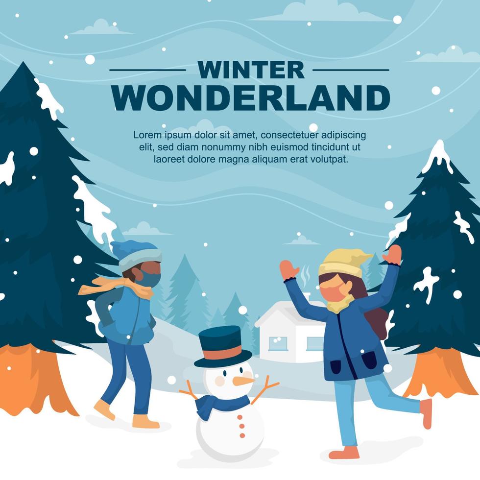 Two Kids Play Outdoor Winter Wonderland vector