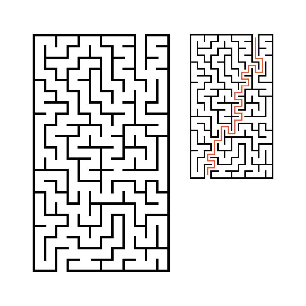 Abstract rectangular maze. Game for kids. Puzzle for children. One entrance, one exit. Labyrinth conundrum. Flat vector illustration isolated on white background. With answer.