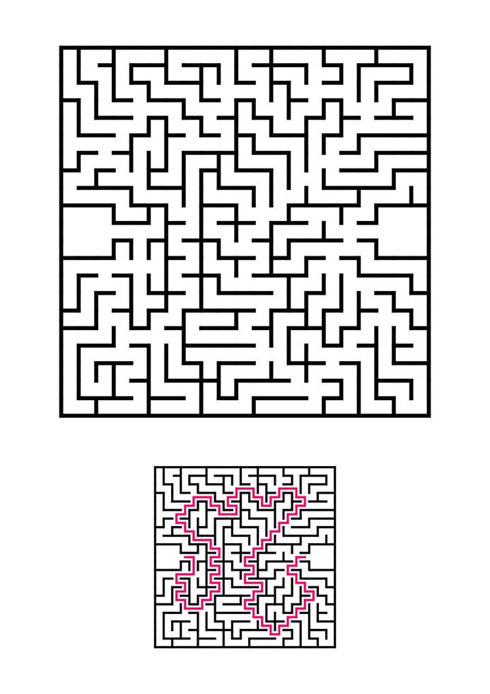Abstract square maze. Game for kids. Puzzle for children. One entrances, one exit. Labyrinth conundrum. Simple flat vector illustration isolated on white background. With answer.