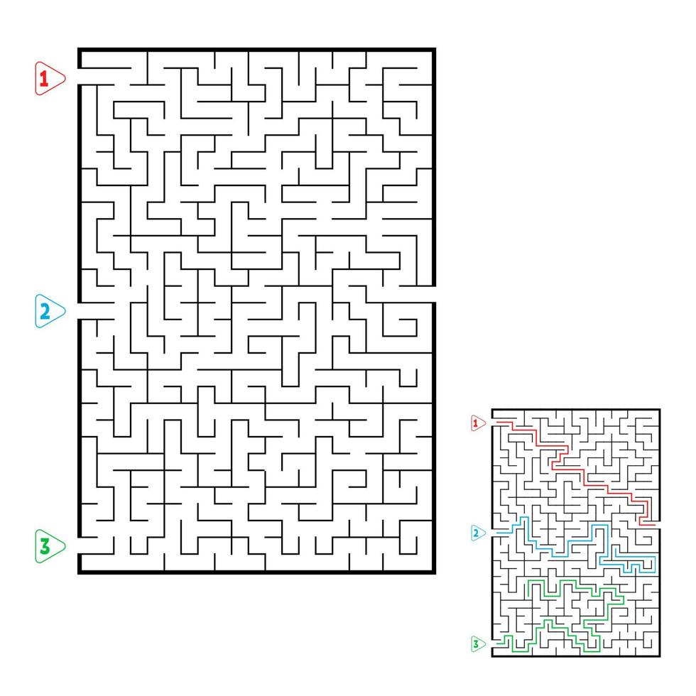 Abstract rectangular large maze. Game for kids. Puzzle for children. Three entrances, one exit. Labyrinth conundrum. Flat vector illustration isolated on white background. With answer.