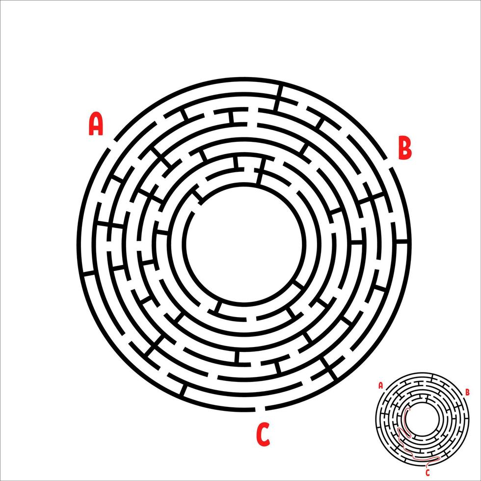 Black round maze. Game for kids. Children's puzzle. Many entrances, one exit. Labyrinth conundrum. Simple flat vector illustration isolated on white background. With place for your image.