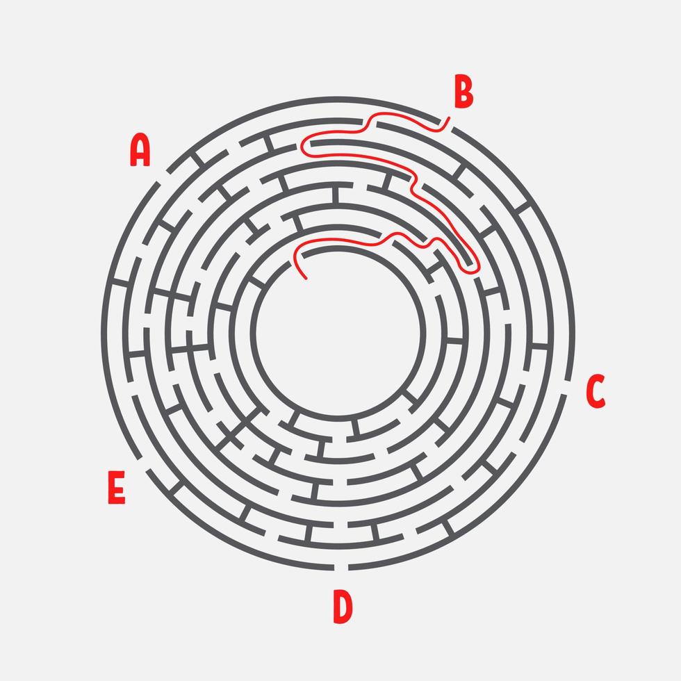 Abstract round maze. Game for kids. Children's puzzle. Five entrances, one exit. Labyrinth conundrum. Simple flat vector illustration isolated on white background. With the answer.