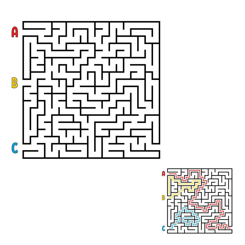 Abstract square maze. Game for kids. Puzzle for children. Find the right way to the exit. Labyrinth conundrum. Flat vector illustration isolated on white background. With the answer.