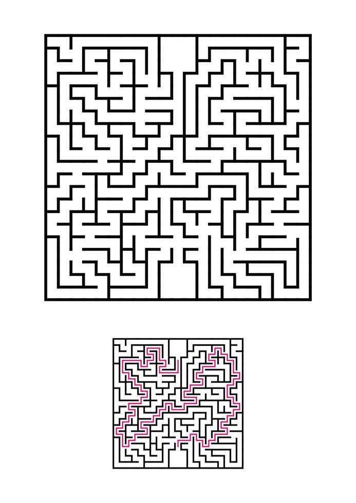 Abstract square maze. Game for kids. Puzzle for children. One entrances, one exit. Labyrinth conundrum. Simple flat vector illustration isolated on white background. With answer.