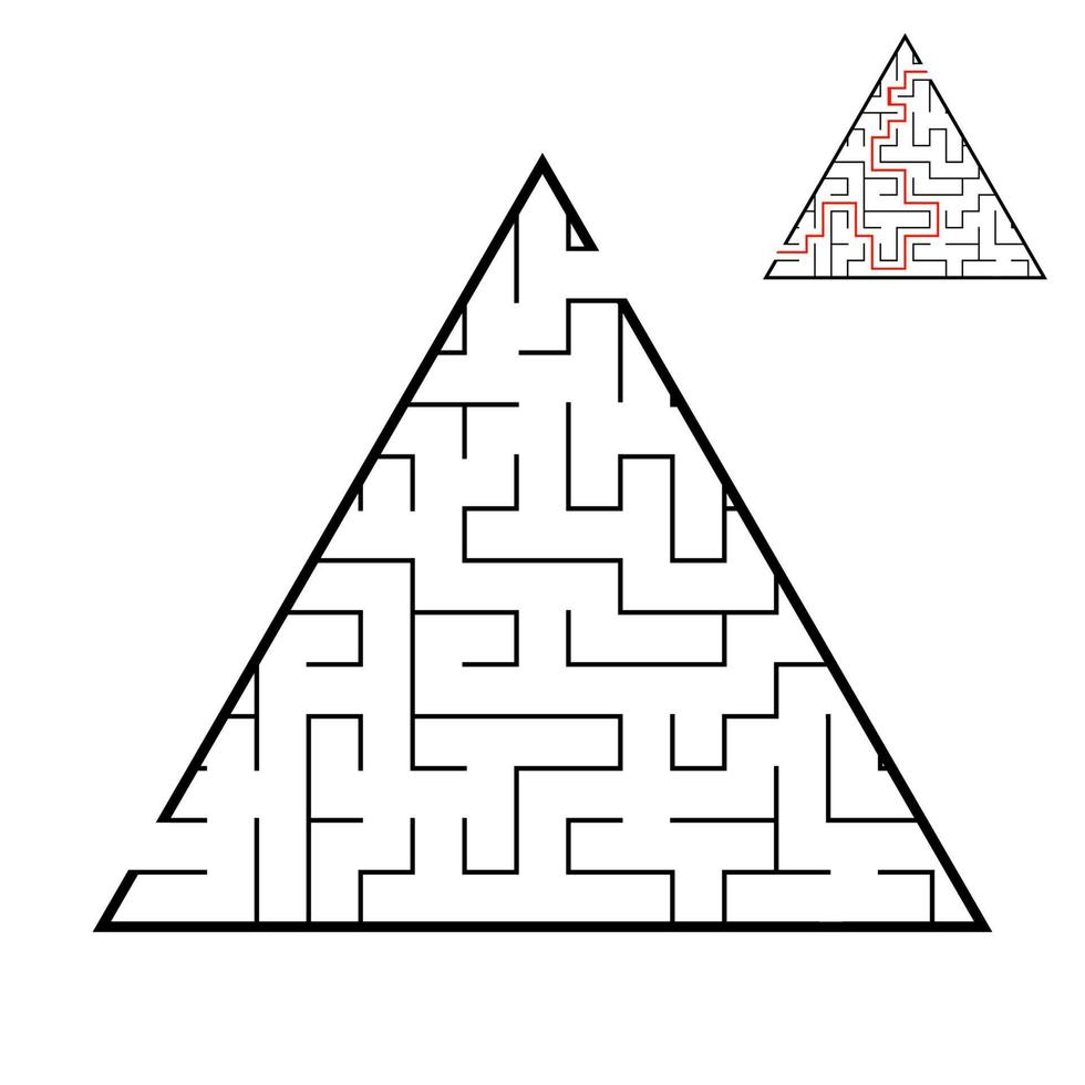 Abstract triangular labyrinth. Game for kids. Puzzle for children. One entrance, one exit. Labyrinth conundrum. Flat vector illustration isolated on white background. With answer.