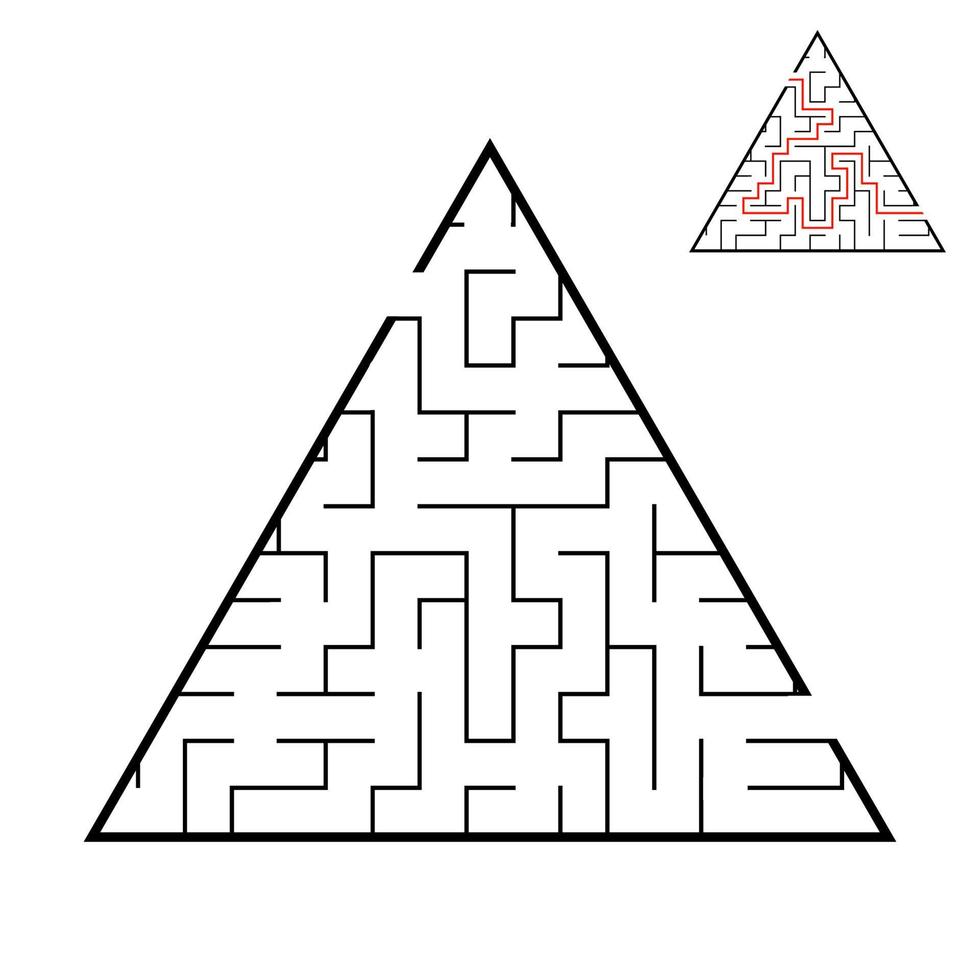 Abstract triangular labyrinth. Game for kids. Puzzle for children. One entrance, one exit. Labyrinth conundrum. Flat vector illustration isolated on white background. With answer.