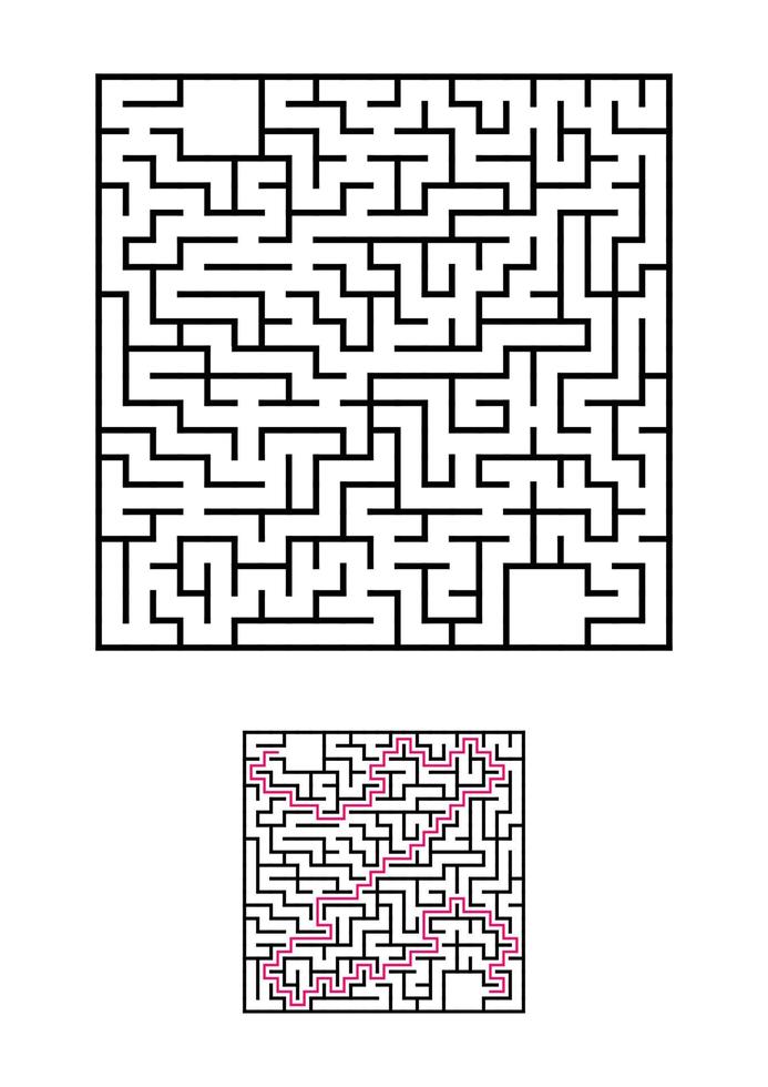 Abstract square maze. Game for kids. Puzzle for children. One entrances, one exit. Labyrinth conundrum. Simple flat vector illustration isolated on white background. With answer.