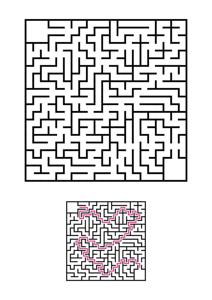 Abstract square maze. Game for kids. Puzzle for children. One entrances, one exit. Labyrinth conundrum. Simple flat vector illustration isolated on white background. With answer.