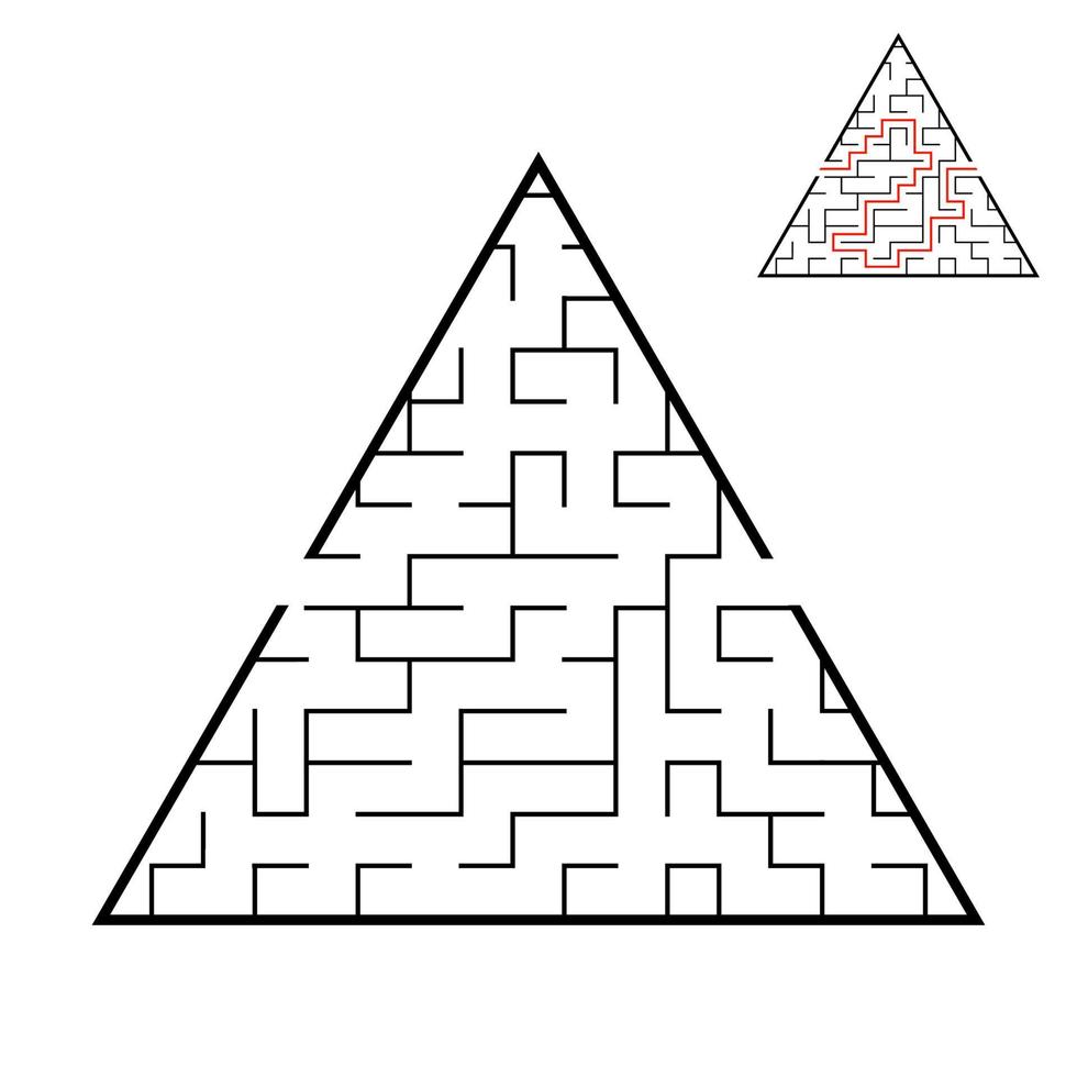 Abstract triangular labyrinth. Game for kids. Puzzle for children. One entrance, one exit. Labyrinth conundrum. Flat vector illustration isolated on white background. With answer.