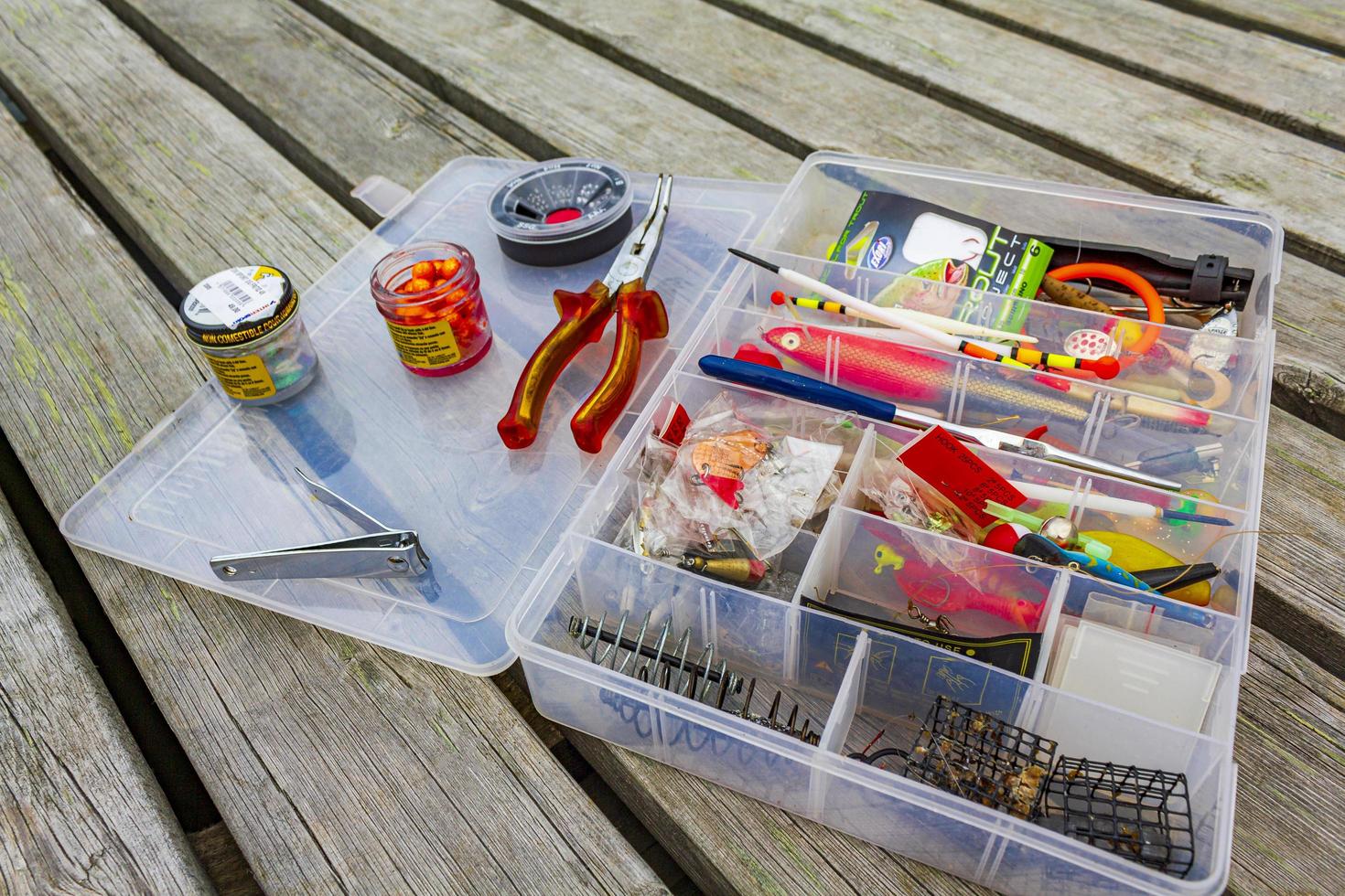 Fishing equipment with box on a wooden pier in Norway photo