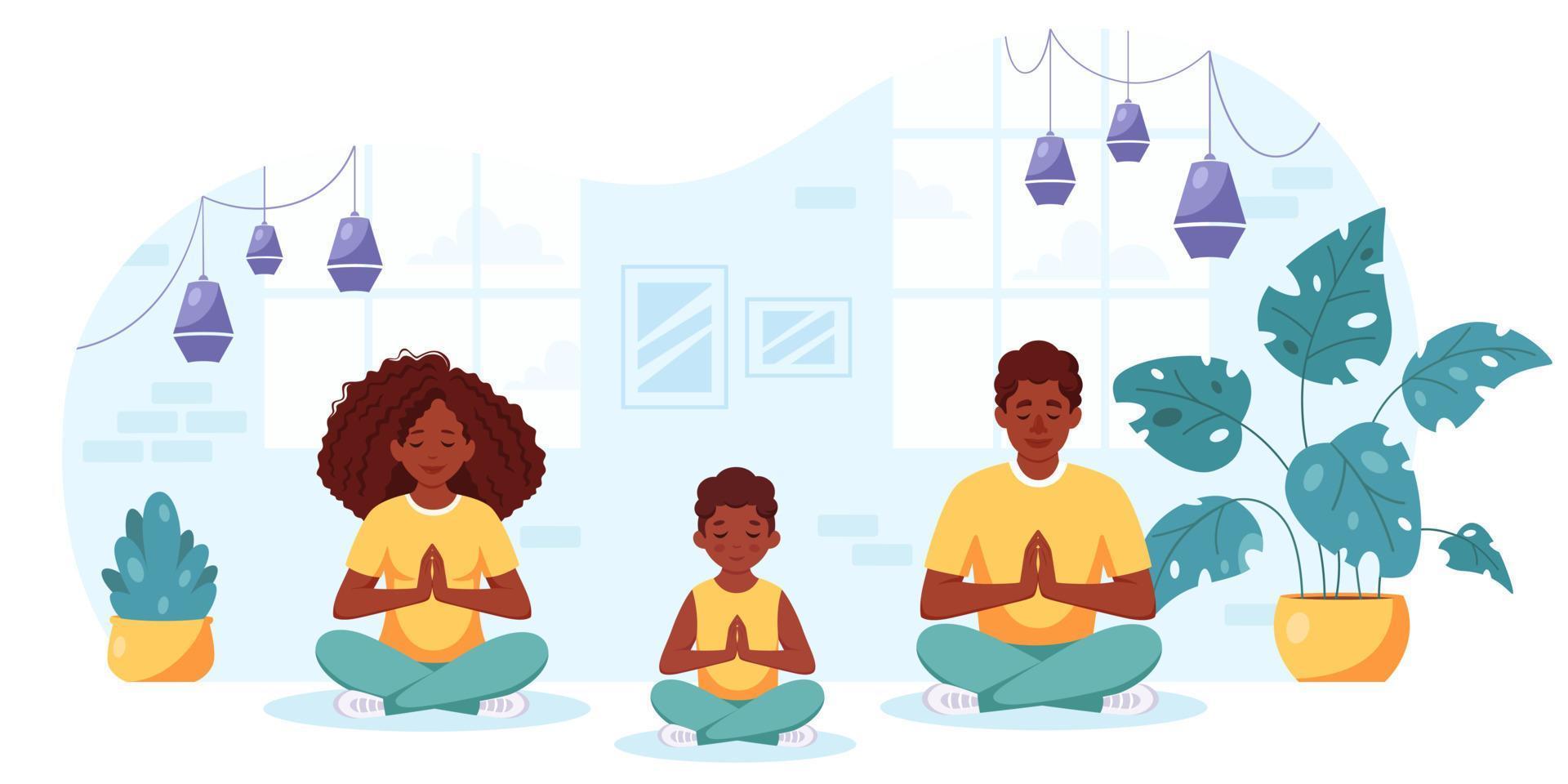 familia afroamericana haciendo yoga en un interior acogedor. familia pasando tiempo juntos. vector