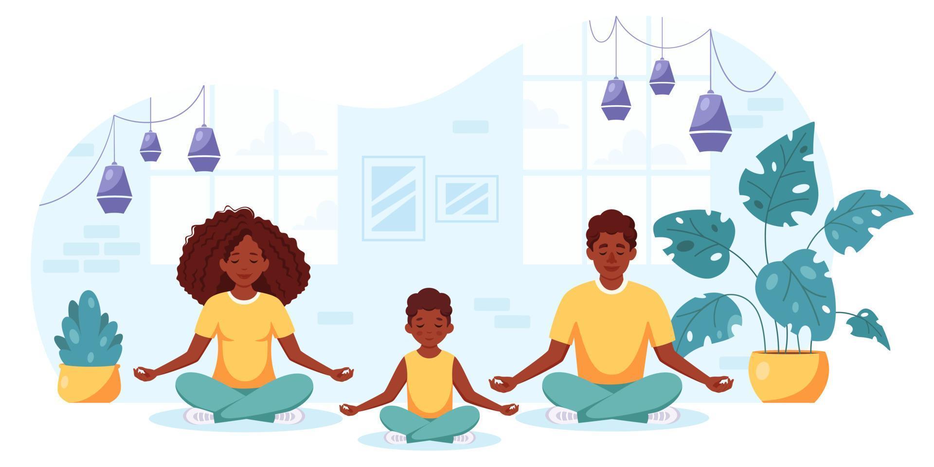 familia afroamericana haciendo yoga en un interior acogedor. familia pasando tiempo juntos. vector