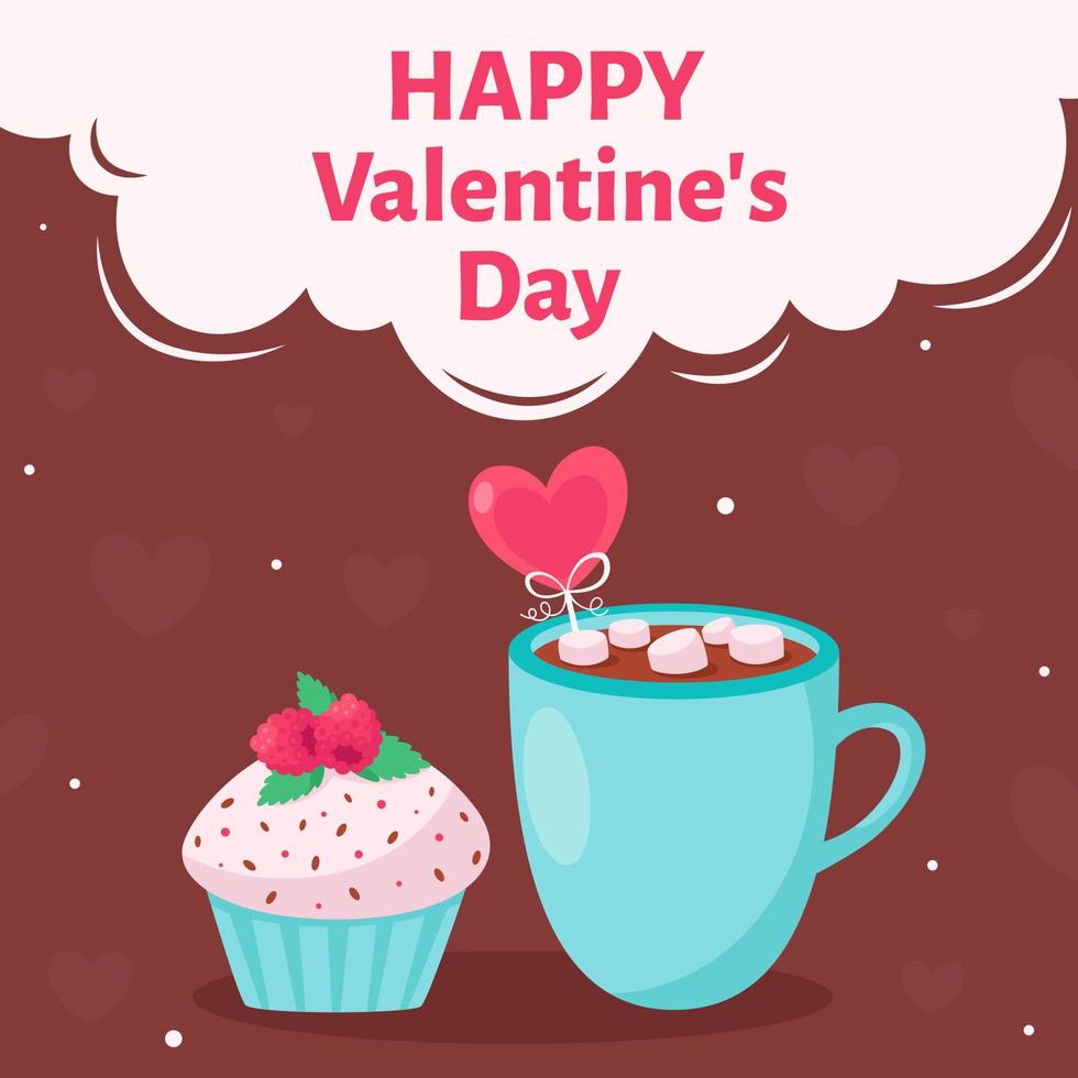 Valentine's Day greeting card. Coffee cup with cupcake. vector