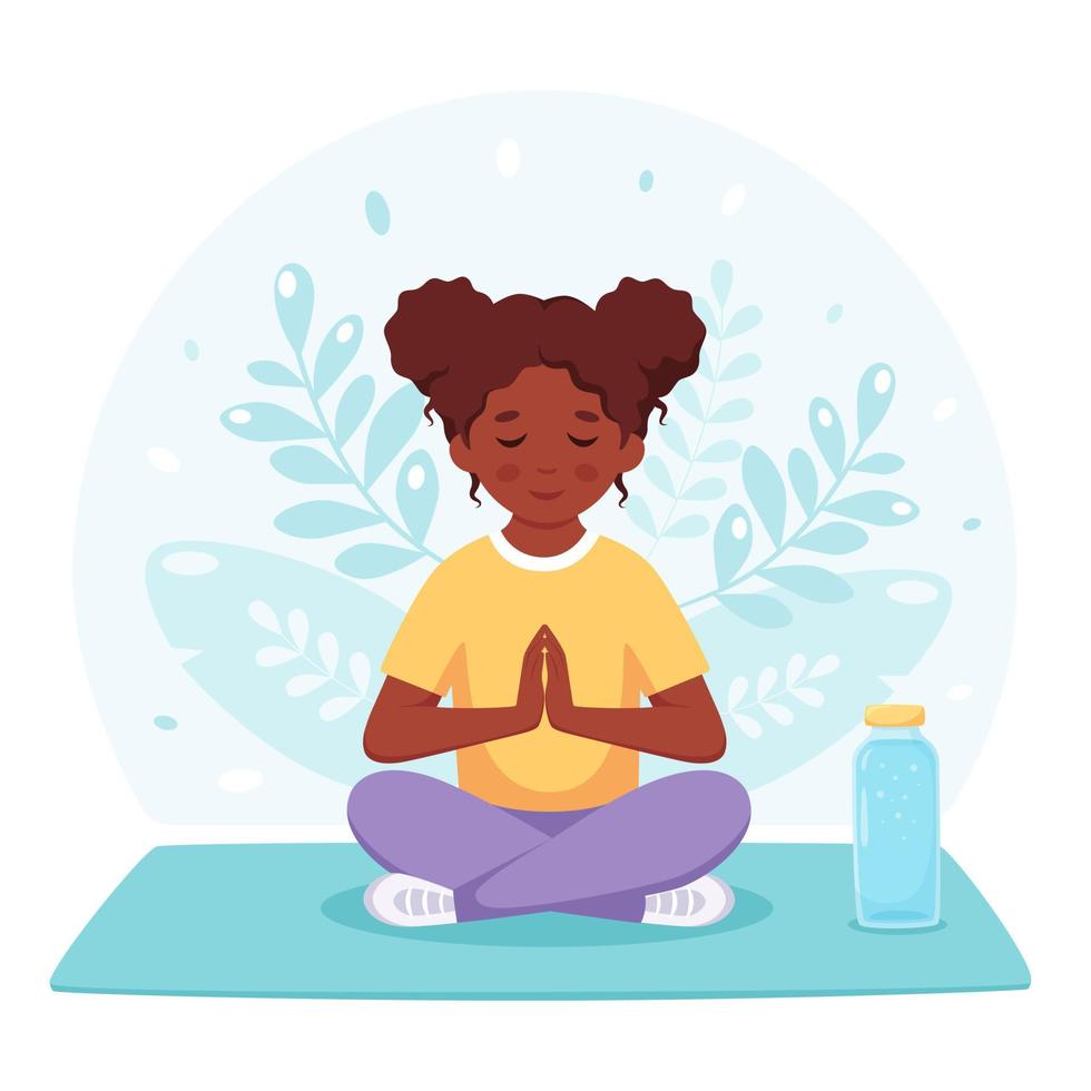 chica negra meditando en posición de loto. gimnasia, meditación para niños. vector