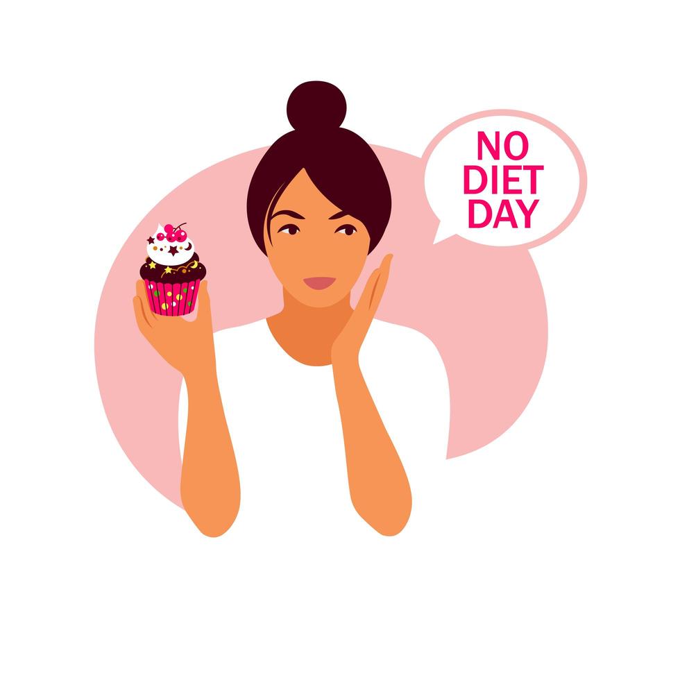 ningún día de dieta. una mujer sostiene una magdalena en sus manos. Ilustración del día internacional sin dieta. vector. vector