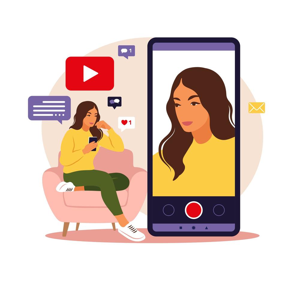 Woman video blogger sitting on sofa with phone and recording video with smartphone. Different social media icons. Vector illustration in flat style.