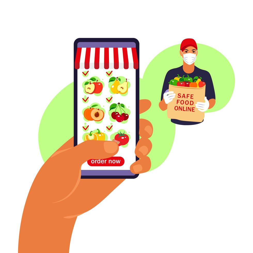 Online food order. Grocery delivery. Hand holding smartphone with product catalog on the web browser page. Stay at home concept. Quarantine or self-isolation. Flat style. vector