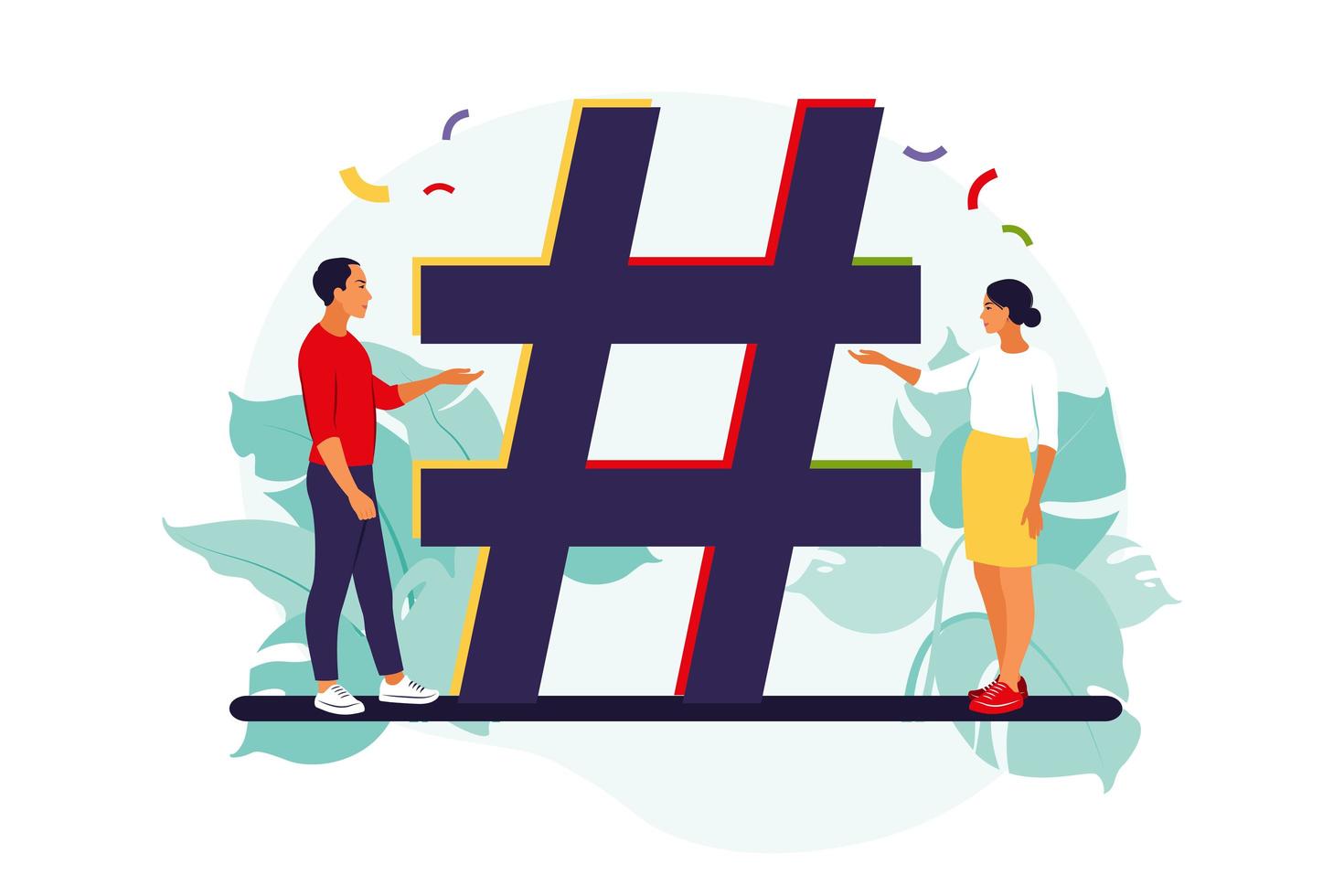 Hashtag and social media concept. Young people with hashtag symbol. Vector illustration. Isolated flat.