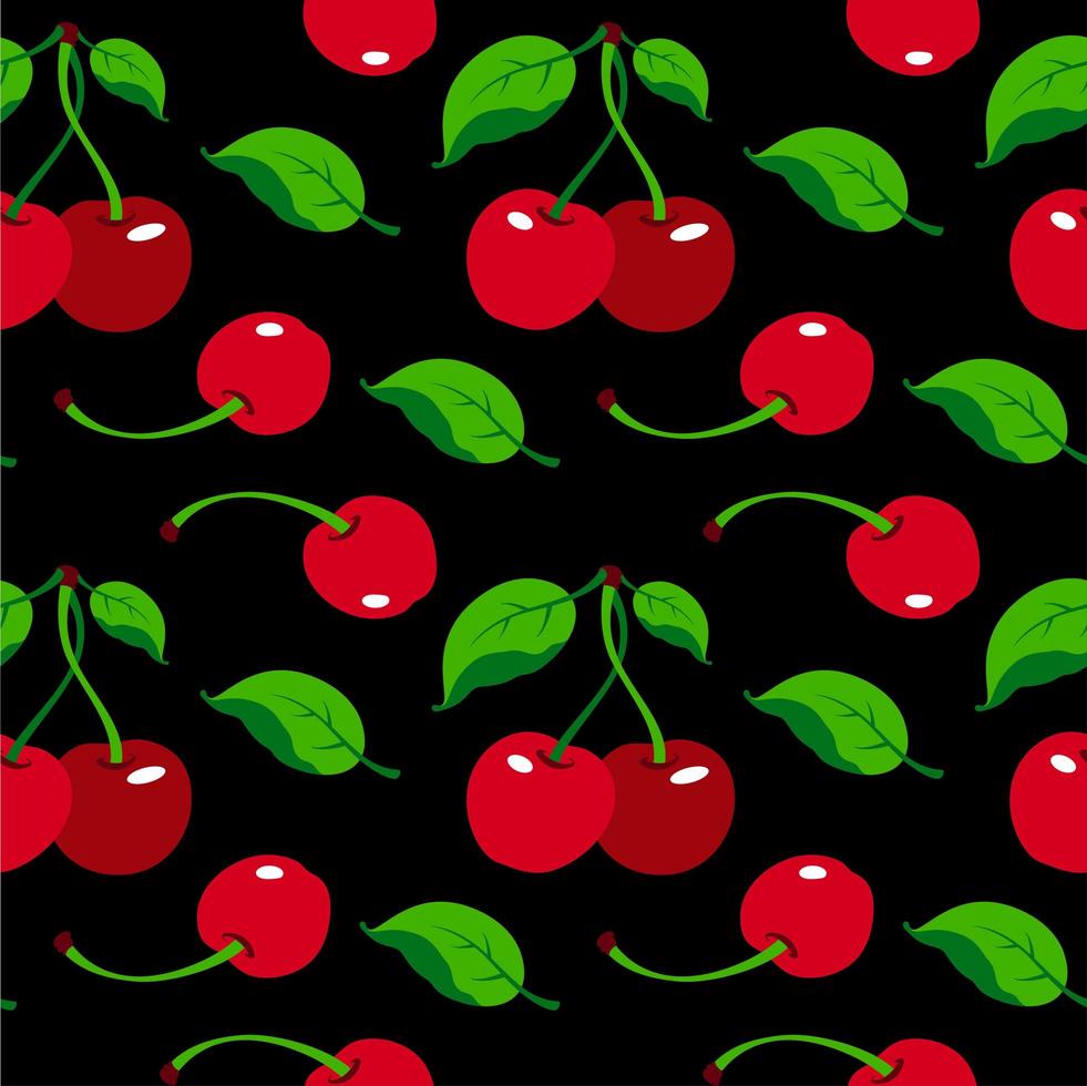 patrón de cereza sobre fondo negro, papel de regalo, patrón sin costuras, ilustración de vector de impresión de tela textil de vector.