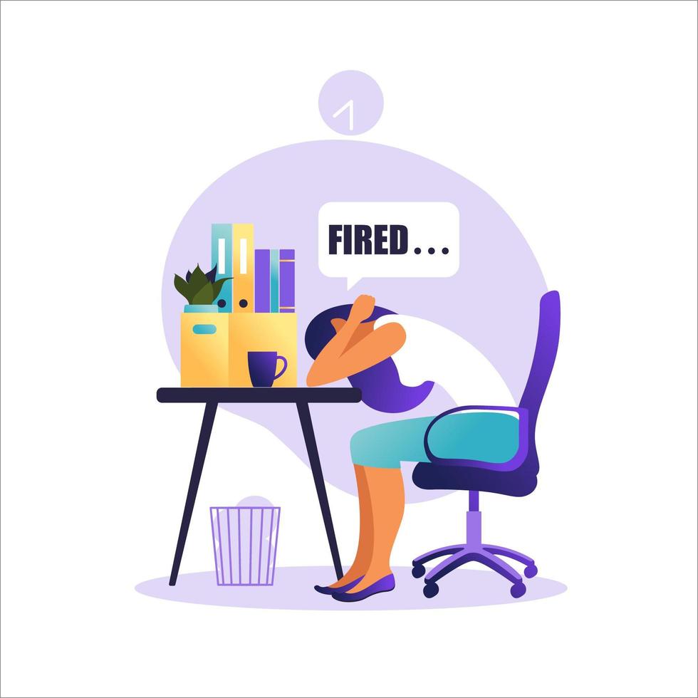 Professional burnout syndrome. Illustration with tired woman office worker or freelancer sitting at the table. Frustrated worker, mental health problems. Vector illustration in flat.