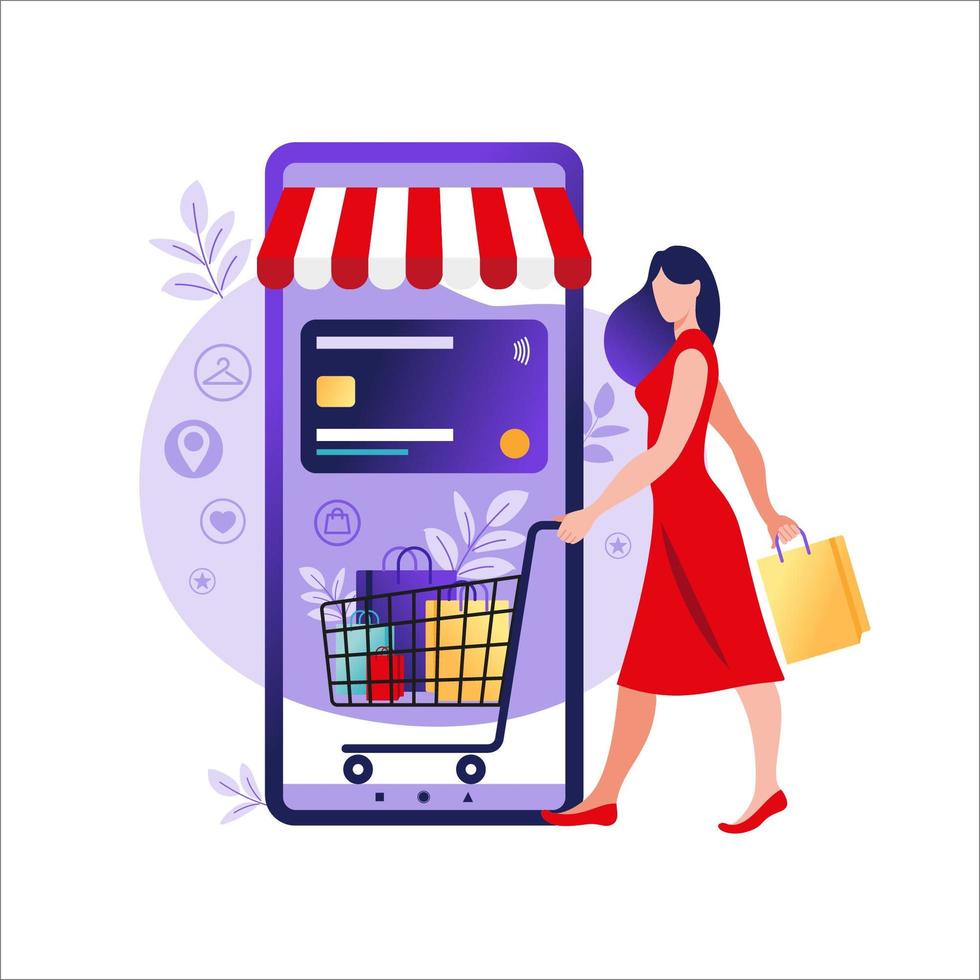 mujeres comprando en línea en el teléfono móvil. pago de la tienda online. tarjetas de crédito bancarias, pagos seguros en línea y factura financiera. carteras de teléfonos inteligentes, tecnología de pago digital. ilustración vectorial plana. vector