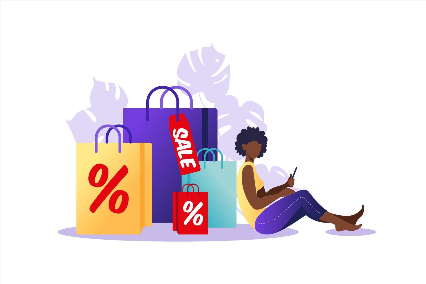 Young african woman sitting with paper bags. Concept of online and offline shopping, sale, discount. Vector illustration for web banner, infographics, mobile. Illustration in flat style.