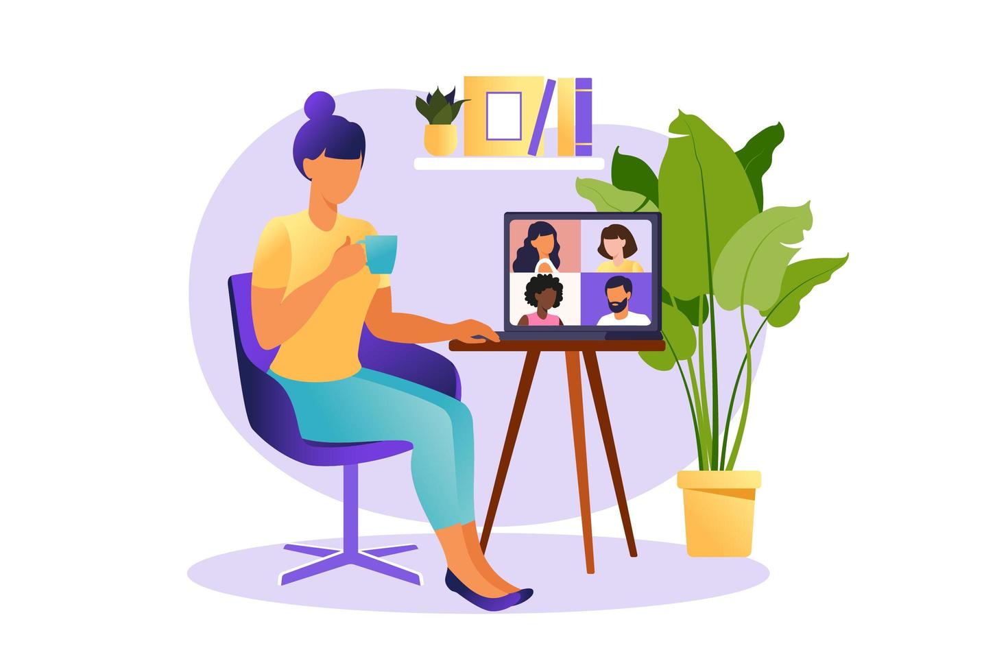 Online meeting via group call. People on computer screen speaking with colleague or friend. Illustrations concept video conference, online meeting or work from home. Vector illustration in flat style.