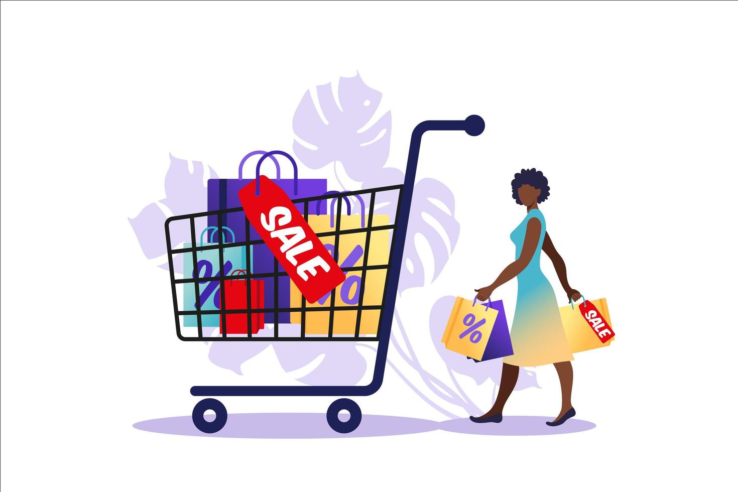 joven africana va con bolsas de papel y carro grande. concepto de compras en línea y fuera de línea, venta, descuento. ilustración vectorial para banner web, infografía, móvil. ilustración en estilo plano. vector