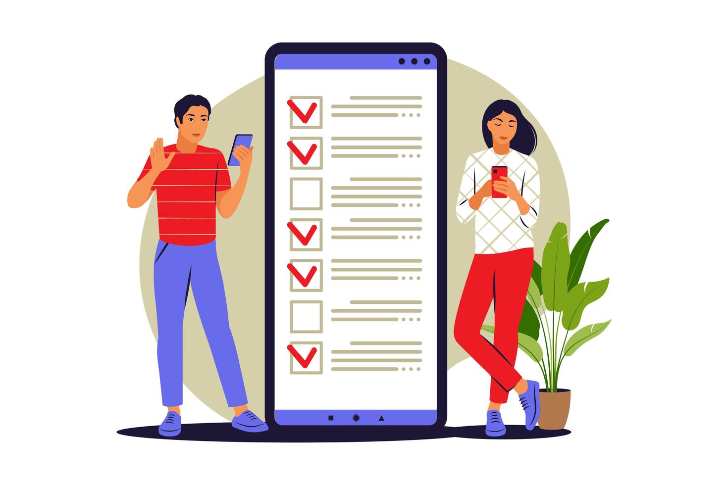 To do list concept. People is standing near large to do list on phone. Vector illustration. Flat.