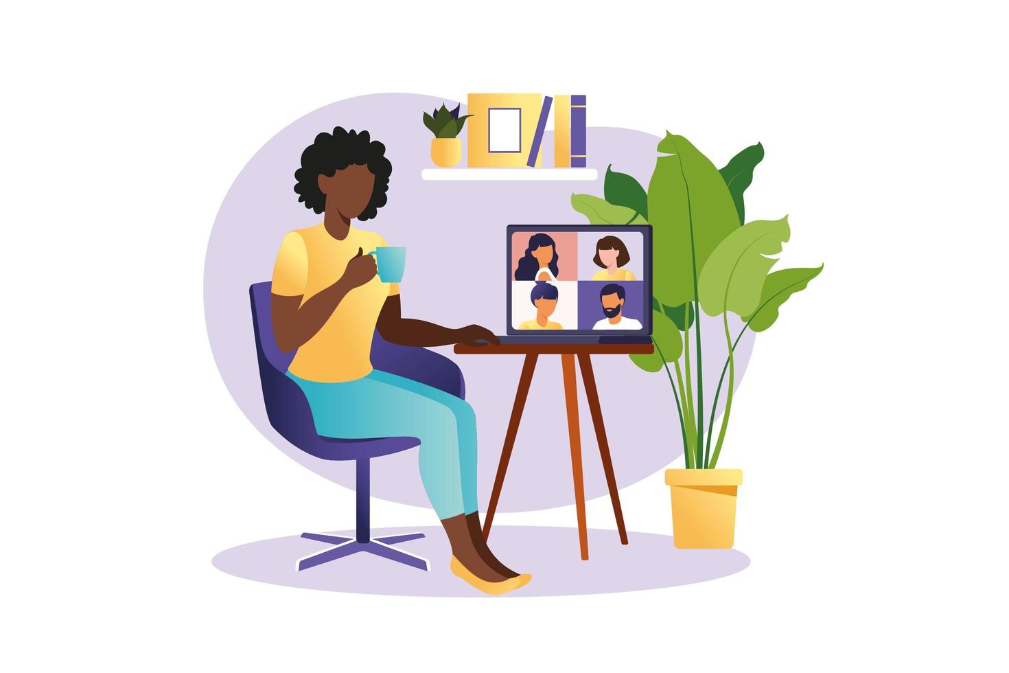 Online meeting via group call. People on computer screen speaking with colleague or friend. Illustrations concept video conference, online meeting or work from home. Vector illustration in flat style.