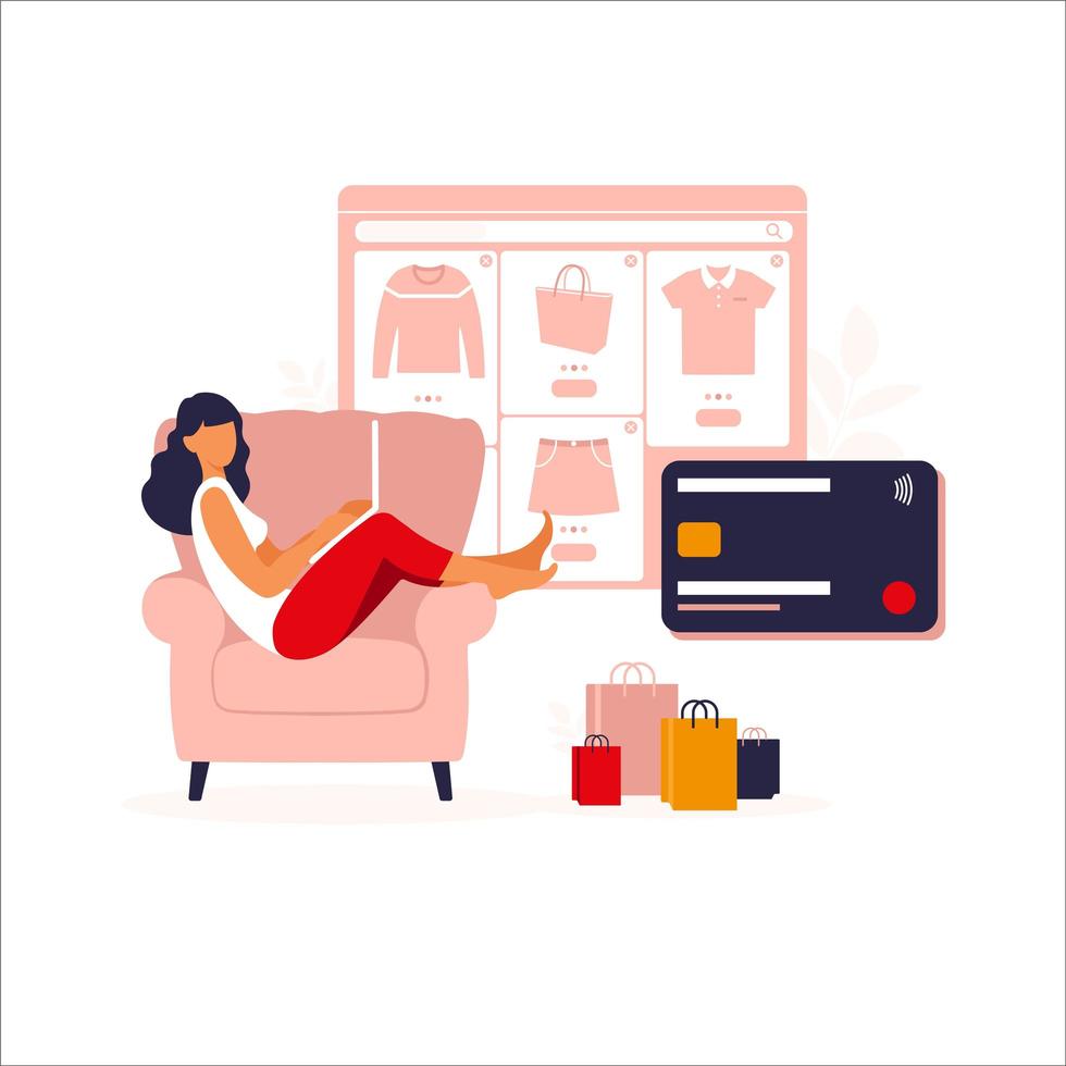 Women shopping online on laptop. Vector illustration. Online store payment. Bank credit cards. Digital pay technology. E-paying. Flat style modern vector illustration isolated on white.