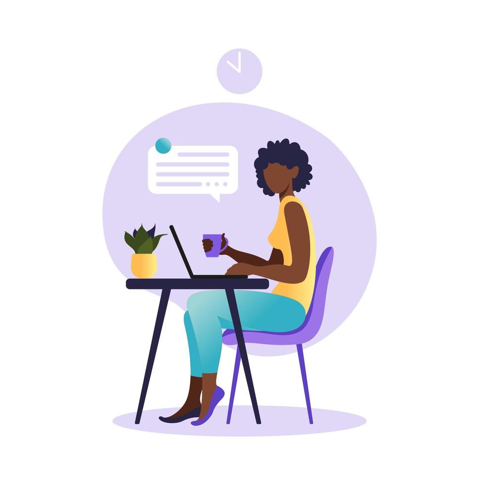 African american woman sitting at the table with laptop. Working on a computer. Freelance, online education or social media concept. Working from home, remote job. Flat style. Vector illustration.